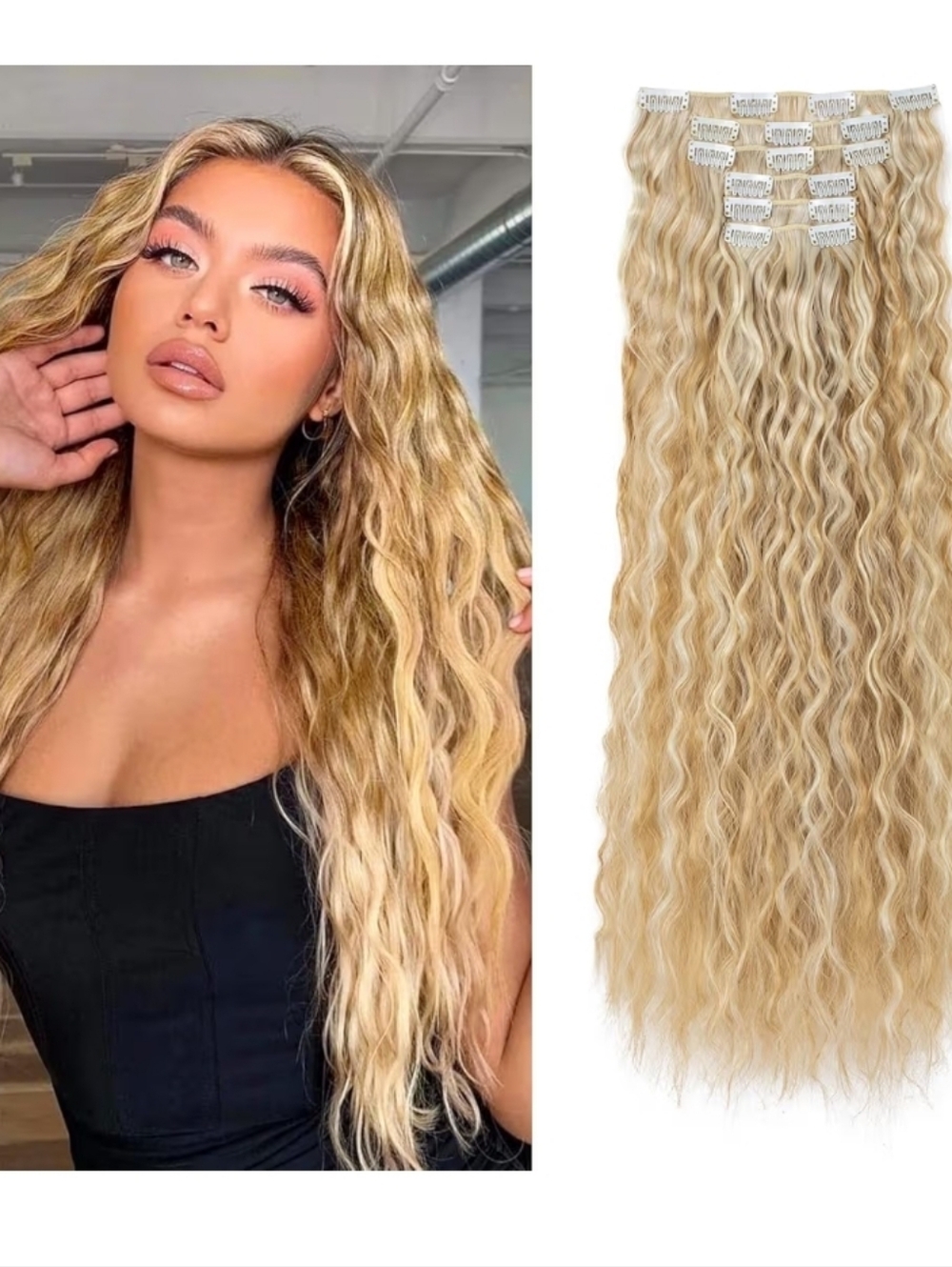Blonde Clip-In Wavy Hair Extensions - 24" 6PCS BLONDE WITH LIGHT BLONDE